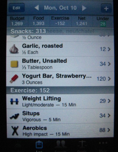 Photo of on screen diary, with calories eaten and burned based on type of exercise done and time spent.