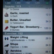 Photo of on screen diary, with calories eaten and burned based on type of exercise done and time spent.