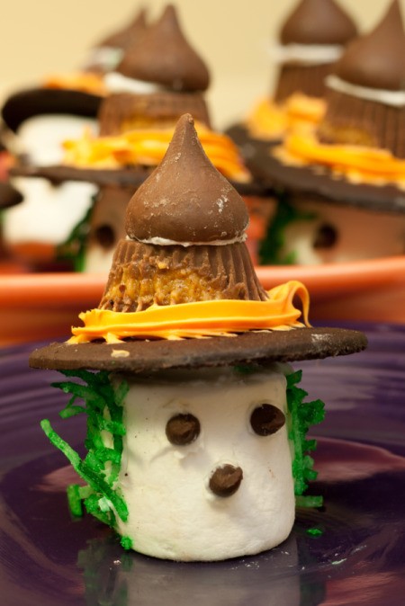 Closeup of Marshmallow Witch on Purple Plate