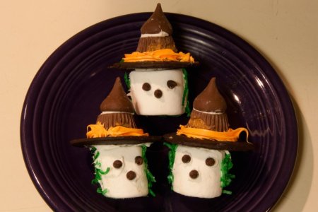 Three Marshmallow Witches on a Purple Plate