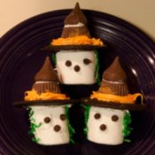 Three Marshmallow Witches on a Purple Plate