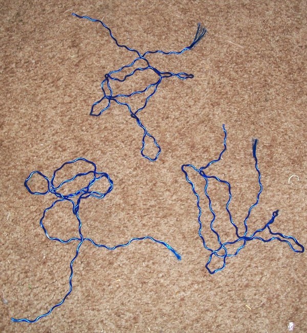 The three lengths of rope after separating it.