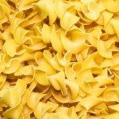 Upclose photo of egg noodles.