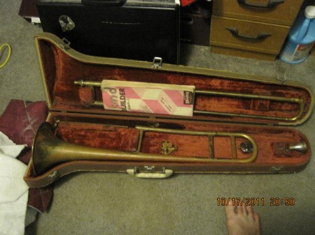 Old trombone in case.