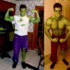 Two pictures of a man dressed as the Incredible Hulk.