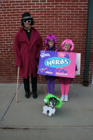 Two Little Girls in Nerds Box Costume Next to Wonka