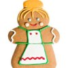 Gingerbread woman cookie, with apron and hair bun.