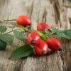 Rose hips on rough wood background.