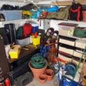Photo of a messy garage.