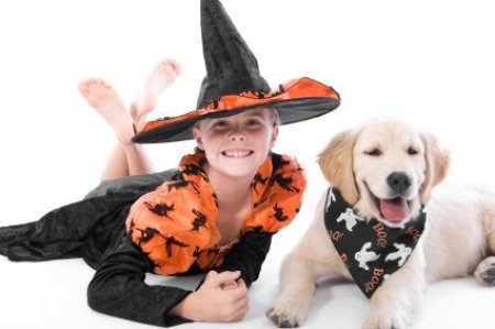 A young witch with a cute Halloween puppy.