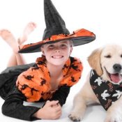 A young witch with a cute Halloween puppy.