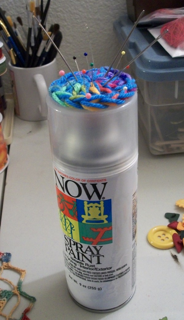 Full size view of the paint can with the pin cushion attached to lid.