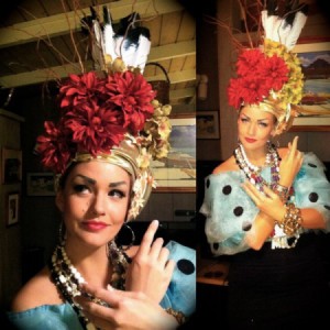 A homemade Carmen Miranda Halloween costume