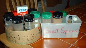 Photo of using recycled containers to organize spices.