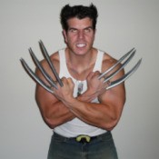 A homemade Wolverine (X-Men) costume with yellow eyes and long metal claws.