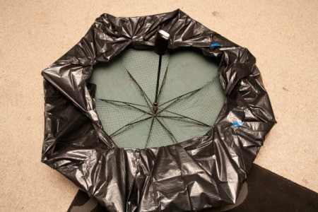 Umbrella Covered in Plastic on the floor for Doom Shroom Costume