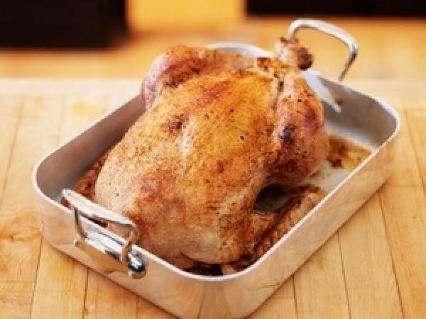 Turkey in a roasting pan.