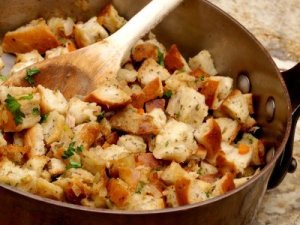 Thanksgiving Stuffing Being Made in a Large Saucepan