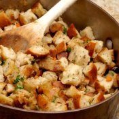 Thanksgiving Stuffing Being Made in a Large Saucepan