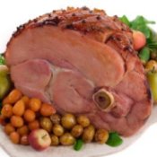 A bone-in ham on a platter.
