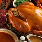 Large Turkey and Side Dishes at Thanksgiving Dinner Table