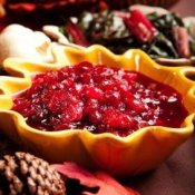 Cranberry Relish in Yellow Dish at Thanksgiving Dinner Table
