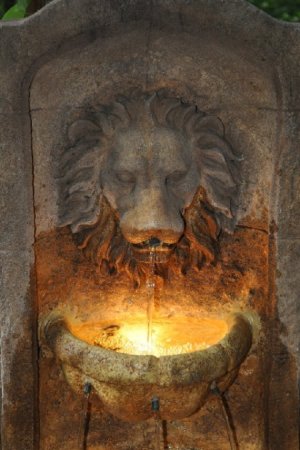 Closeup of Lighted Lion Fountain