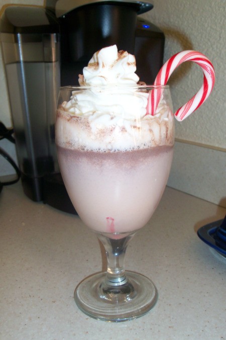 A cup of hot cocoa with whipped cream and a candy cane.