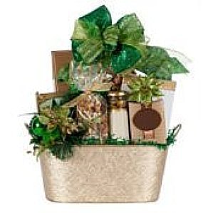 Gift basket with green ribbon.