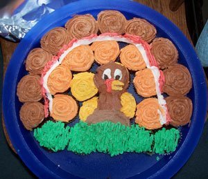 Cupcakes decorated to make a turkey using several with different frostings..