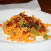 Mac and cheese with added carrots, broccoli, and bacon.