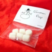 A bag filled with marshmallows, labeled Snowman Poop.