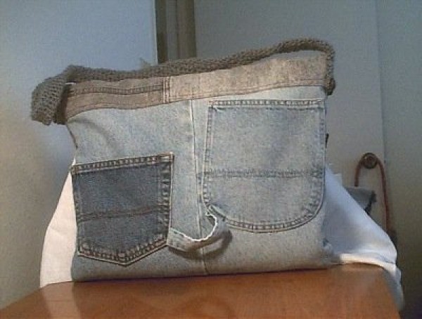 Photo of a laptop bag made with jeans.