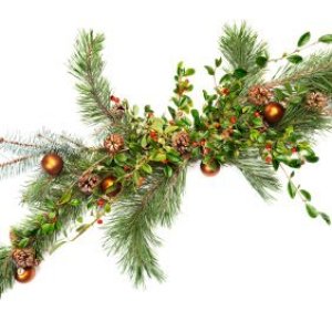 Evergreen garland with berries and glass Christmas ornaments.