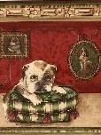 Wallpaper border with dog in plaid dog bed.