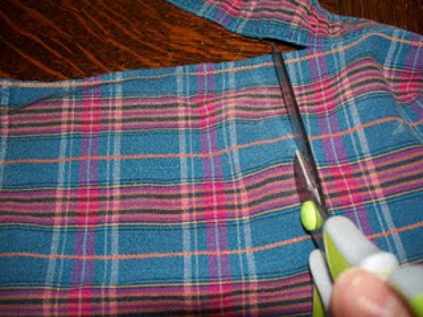 Cutting flannel squares.