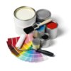 Bathroom Paint Color Advice, Several paint cans, paint chip cards, and a roller and brush.