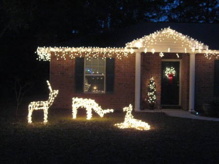 3 lighted deer in front of lighted house.