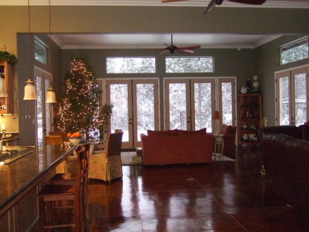 A house decorated for Christmas.