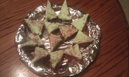 Tree shaped green frosted mint brownies.