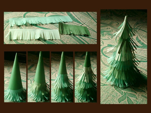 Strips of cut paper and building the tree.