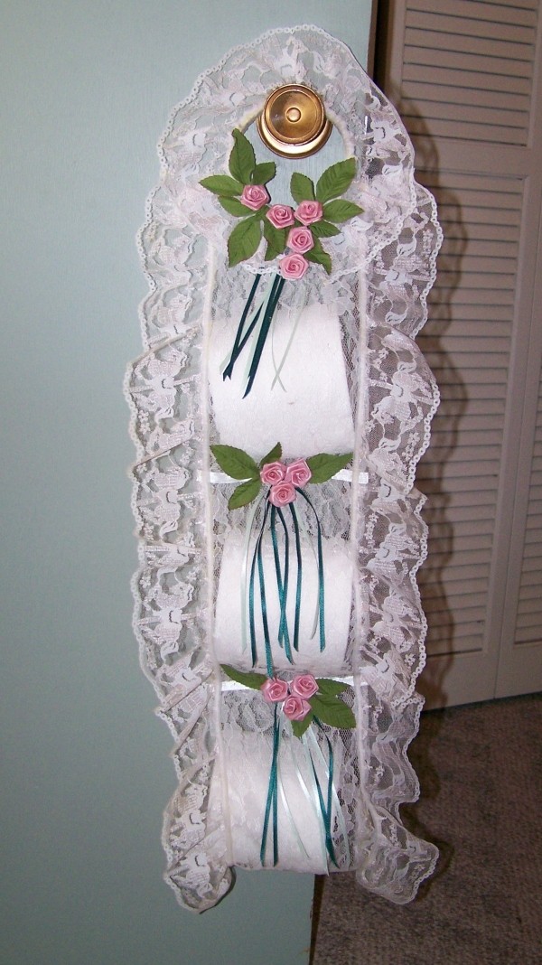 Completed TP holder hanging from a knob.