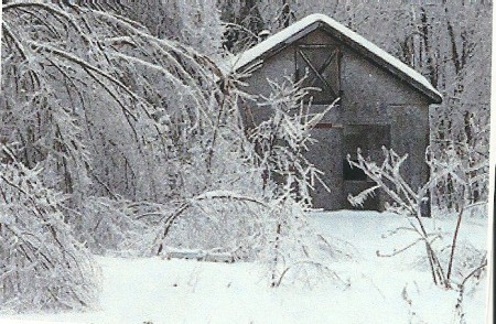 Ice storm with barn.