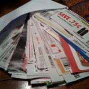 Stack of coupons arranged on table