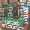 Stacks of Megablocks with white surgical tape across the front. Words like "hippopotomus", "elephant", and "her" are written on them.