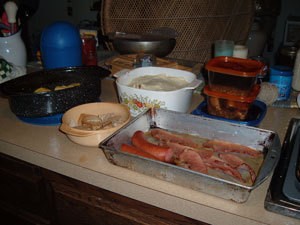 Meals being prepared for the freezer.