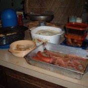 Meals being prepared for the freezer.