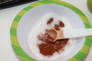 Cinnamon Apple Chips - A bowl with a sugar and spice mixture for the apples.