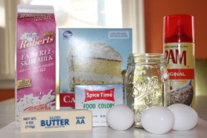 All the ingredients for making rainbow cakes in jars.