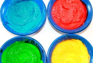 Brightly colored cake mix for rainbow cakes.